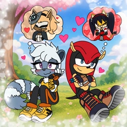 Size: 1254x1254 | Tagged: safe, artist:isaahvieiraa2010, honey the cat, mighty the armadillo, tangle the lemur, whisper the wolf, cat, hedgehog, wolf, 2026, ai background, arms folded, blushing, daytime, duo, female, hand on cheek, heart, honey x mighty, lesbian, male, shipping, sitting, straight, tangle x whisper, thinking, thought bubble