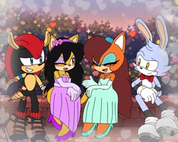 Size: 1402x1122 | Tagged: safe, artist:isaahvieiraa2010, feels the rabbit, honey the cat, mighty the armadillo, tiara boobowski, cat, hedgehog, rabbit, 2026, ai background, alternate outfit, blushing, bowtie, bush, clothes, eyes closed, female, happy, honey x mighty, looking at each other, male, necklace, one eye closed, quartet, shipping, sitting, sparkles, straight, talking, tiara x feels