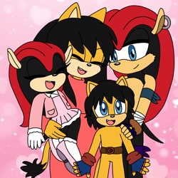 Size: 1254x1254 | Tagged: safe, artist:isaahvieiraa2010, honey the cat, mighty the armadillo, oc, oc:power the cat (isaahvieiraa2010), oc:sweet the armadillo (isaahvieiraa2010), cat, hedgehog, 2026, carrying them, child, cute, ear piercing, eyes closed, family, fankid, father and child, father and daughter, father and son, female, hand on another's shoulder, happy, honey x mighty, looking at them, looking at viewer, male, mother and child, mother and daughter, mother and son, open smile, parent:honey, parent:mighty, parents:mightoney, piercing, quartet, shipping, smile, sparkles, standing, straight