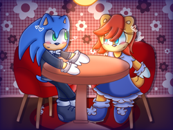 Size: 2048x1536 | Tagged: safe, artist:lilcookiebug, sally acorn, sonic the hedgehog, chipmunk, hedgehog, 2023, alternate outfit, blushing, chair, clothes, dress, duo, female, fully clothed, heart, indoors, light, looking at each other, male, sally x sonic, shipping, smile, smiling at each other, straight, suit, table