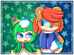 Size: 2048x1536 | Tagged: safe, artist:lilcookiebug, cosmo the seedrian, sally acorn, chipmunk, seedrian, 2023, abstract background, duo, female, hand on another's head, looking at each other, one eye closed, sally's ringblader outfit, siblings, star, wink