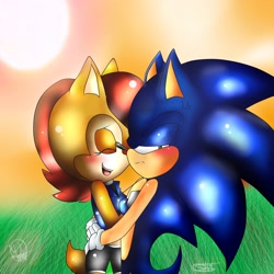 Size: 3000x3000 | Tagged: safe, artist:xxselenathevampirexx, sally acorn, sonic the hedgehog, chipmunk, hedgehog, 2015, afternoon, blushing, daytime, duo, female, grass, grass field, hugging, jealously, male, sally x sonic, sally's ringblader outfit, shipping, straight, sun