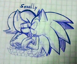 Size: 1024x853 | Tagged: safe, artist:k3llywolfarts, sally acorn, sonic the hedgehog, chipmunk, hedgehog, 2018, black and white, blushing, deviantart watermark, duo, english text, eyes closed, female, flower, holding hands, kiss, male, sally x sonic, sally's ringblader outfit, shipping, sketch, standing, straight, traditional media, watermark