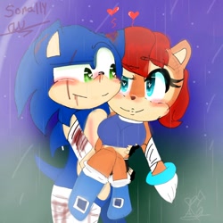 Size: 1280x1280 | Tagged: safe, artist:amnesia-insanity, sally acorn, sonic the hedgehog, chipmunk, hedgehog, 2022, alternate universe, blood, carrying them, cute, duo, female, grass, grass field, heart, looking at each other, male, nighttime, rain, sally x sonic, sally's ringblader outfit, scar, shipping, smile, smiling at each other, star (sky), straight, walking, wound, wraps