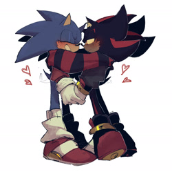 Size: 1878x1870 | Tagged: safe, artist:sourfrootz, shadow the hedgehog, sonic the hedgehog, 2022, blushing, clothes, coat, cute, duo, gay, heart, holding hands, jacket, leg warmers, scarf, shadow x sonic, shadowbetes, sharing a scarf, sharing clothing, shipping, simple background, smile, sonabetes, standing, wagging tail, white background, yellow sclera