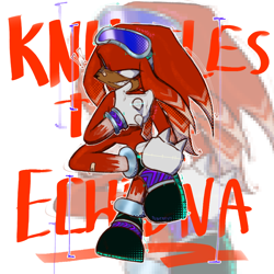 Size: 1000x1000 | Tagged: safe, artist:astridslob0tomy, knuckles the echidna, echidna, 2026, bandaid, bandaid over nose, body marking, character name, clenched teeth, echo background, english text, exclamation mark, eyewear on head, fur markings, goggles, goggles on head, looking offscreen, male, outline, sharp teeth, sitting, smile, solo, text