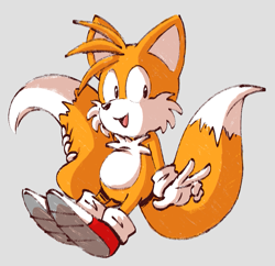Size: 861x834 | Tagged: safe, artist:fiztheancient, miles "tails" prower, fox, 2022, cheek fluff, chest fluff, cute, grey background, holding something, holding tail, male, mouth open, open smile, simple background, smile, solo, tailabetes, treads, v sign