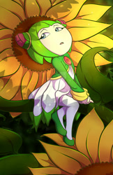 Size: 800x1237 | Tagged: safe, artist:paintbucket-lemon, cosmo the seedrian, seedrian, 2017, female, flower, lidded eyes, outdoors, sitting, solo, sunflower