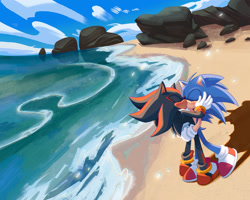 Size: 2048x1638 | Tagged: safe, artist:bongwaterwiz, shadow the hedgehog, sonic the hedgehog, hedgehog, 2026, beach, blushing, clouds, daytime, duo, eyes closed, fanfiction art, gay, hugging, kiss, kiss on lips, male, ocean, outdoors, rock, sand, shadow (lighting), shadow x sonic, shipping, sonadow exchange, standing, water