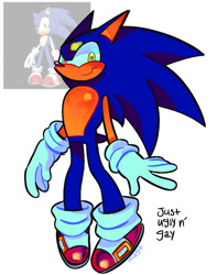 Size: 939x1194 | Tagged: safe, artist:mistermagomancy, sonic the hedgehog, 2026, blushing, english text, eyelashes, gay, lidded eyes, looking at viewer, redraw, reference inset, simple background, smile, solo, standing, text, white background