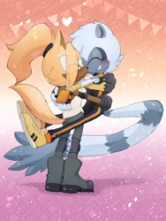 Size: 1536x2048 | Tagged: safe, artist:keliinox, tangle the lemur, whisper the wolf, 2026, blushing, carrying them, cute, duo, eye clipping through hair, eyes closed, flag, heart, hugging, lesbian, lesbian pride, pride, pride month, shipping, smile, standing, tangabetes, tangle x whisper, whispabetes