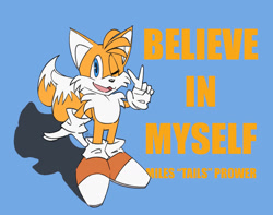 Size: 1280x1011 | Tagged: safe, artist:fushigibana151, miles "tails" prower, fox, 2026, believe in myself, blue background, character name, english text, flat colors, looking at viewer, male, mouth open, open smile, simple background, smile, smiling at viewer, solo, solo male, song lyrics, standing, text, v sign, wink, winking at viewer
