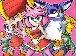 Size: 1024x749 | Tagged: safe, artist:viciousbutprecious, amy rose, big the cat, cheese (chao), cream the rabbit, froggy, cat, chao, frog, hedgehog, rabbit, sonic heroes, 2020, agender, female, fishing pole, group, holding something, looking at viewer, looking offscreen, male, mouth open, open smile, outline, piko piko hammer, pink background, simple background, smile, standing, team rose, traditional media, weapon