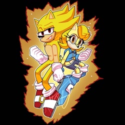 Size: 1100x1100 | Tagged: safe, artist:lameshadxd, sally acorn, sonic the hedgehog, super sonic, chipmunk, hedgehog, 2025, artist signature, black background, duo, female, fist, floating, grin, holding something, looking at viewer, male, pose, sally x sonic, sally's ringblader outfit, shipping, simple background, smile, smiling at viewer, straight, super form, super sally, watermark