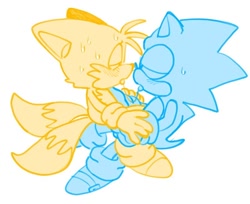 Size: 800x652 | Tagged: suggestive, artist:ilovetails, miles "tails" prower, sonic the hedgehog, fox, hedgehog, 2025, blushing, duo, gay, holding each other, lidded eyes, looking at each other, male, monochrome, saliva, saliva trail, shipping, simple background, sitting, sonic x tails, sweatdrop, tongue out, white background