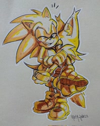 Size: 800x1012 | Tagged: safe, artist:marty_jade23, miles "tails" prower, nine, sonic the hedgehog, fox, hedgehog, 2025, carrying them, duo, ear fluff, eyes closed, gay, holding each other, looking at viewer, male, meme, monochrome, nine x sonic, redraw, shipping, signature, smile, sonic x tails, standing, tall lesbian, traditional media