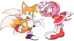 Size: 1280x720 | Tagged: safe, artist:superzachworldart, amy rose, miles "tails" prower, fox, hedgehog, 2026, duo, eyelashes, female, hand on hip, looking at viewer, male, mouth open, open smile, pointing, simple background, smile, smiling at viewer, standing, transparent background, v sign, wink