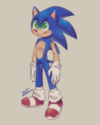 Size: 1280x1600 | Tagged: safe, artist:bzart55, sonic the hedgehog, hedgehog, 2026, grey background, looking offscreen, male, signature, simple background, smile, solo, standing, style emulation