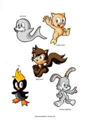 Size: 900x1273 | Tagged: safe, artist:nextgrandcross, johnny lightfoot, sally acorn, rabbit, squirrel, walrus, 2010, acorn, barefoot, character name, english text, eyelashes, female, group, joe sushi, male, penguin, pig, pointing, porker lewis, smile, text, tux