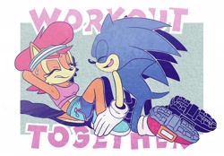 Size: 2048x1424 | Tagged: safe, artist:jadepesky, sally acorn, sonic the hedgehog, chipmunk, hedgehog, 1980's, 2026, abstract background, alternate outfit, clothes, crop top, duo, english text, eyes closed, female, holding another's foot, male, sally x sonic, shipping, shorts, sit-up, straight, sweatdrop, undershirt, workout, workout outfit
