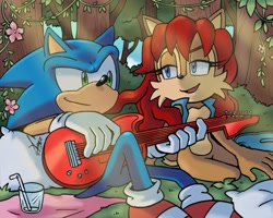 Size: 1705x1363 | Tagged: safe, artist:angiethecat, sally acorn, sonic the hedgehog, chipmunk, hedgehog, 2026, daytime, drinking glasses, duo, female, flower, forest, guitar, holding something, long hair, looking at each other, male, musical instrument, picnic, pillow, plant, rock, sally x sonic, sally's vest and boots, shipping, sitting, smile, smiling at each other, straight, straw, sunlight, tree