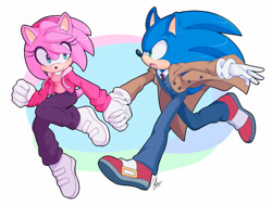 Size: 1280x970 | Tagged: safe, artist:myly14, amy rose, sonic the hedgehog, hedgehog, 2020, amy x sonic, clothes, coat, duo, female, fully clothed, gloves, holding hands, jacket, looking at each other, male, mouth open, pants, running, shipping, shirt, shoes, signature, smile, straight, tie, trench coat