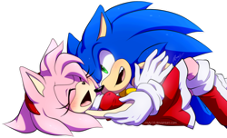 Size: 1024x624 | Tagged: safe, artist:myly14, amy rose, sonic the hedgehog, hedgehog, 2013, amy x sonic, blushing, clothes, duo, eyes closed, female, holding them, laughing, lying down, male, mouth open, open smile, outline, shipping, signature, simple background, smile, straight, tickling, transparent background