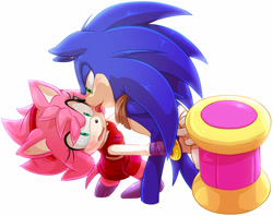Size: 1024x812 | Tagged: safe, artist:myly14, amy rose, sonic the hedgehog, hedgehog, 2014, amy x sonic, blushing, duo, female, holding something, licking, licking face, lidded eyes, looking at them, male, mouth open, piko piko hammer, shipping, simple background, sonic boom (tv), standing, straight, surprised, tongue out, weapon, white background