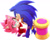Size: 1024x812 | Tagged: safe, artist:myly14, amy rose, sonic the hedgehog, hedgehog, 2014, amy x sonic, blushing, duo, female, holding something, licking, licking face, lidded eyes, looking at them, male, mouth open, piko piko hammer, shipping, simple background, sonic boom (tv), standing, straight, surprised, tongue out, weapon, white background