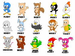 Size: 900x675 | Tagged: safe, artist:cuddlesnowy, flicky, picky, pocky, ricky, rocky, bear, bird, eagle, monkey, mouse, rabbit, squirrel, walrus, 2010, ambiguous gender, becky, character name, chicken, cucky, english text, flat colors, green flicky, group, locky, pecky, penguin, pig, pink flicky, red flicky, standing, text, tocky, tortoise, wocky