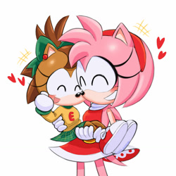 Size: 1280x1280 | Tagged: safe, artist:holasoyleyla, amy rose, hedgehog, 2026, amybetes, blushing, carrying them, cute, duo, eimi the hedgehog, eimibetes, eyes closed, female, happy, heart, self paradox, simple background, smile, sonic the hedgehog (shogakukan), treads, white background