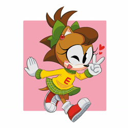 Size: 1280x1280 | Tagged: safe, artist:holasoyleyla, hedgehog, 2025, blushing, clothes, cute, eimi the hedgehog, eimibetes, female, heart, mouth open, open smile, running, smile, smiling at viewer, solo, sonic the hedgehog (shogakukan), treads, v sign, wink
