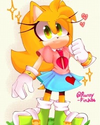 Size: 1240x1550 | Tagged: safe, artist:yunahedgehog2, oc, oc:yuna the hedgehog, hedgehog, 2024, blouse, clothes, eye clipping through hair, eyelashes, female, gloves, green eyes, heart, oc only, shoes, skirt, smile, smiling at viewer, solo, sparkles, standing, yellow fur