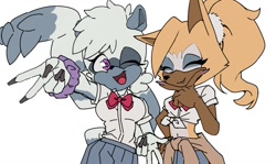 Size: 1171x698 | Tagged: safe, artist:170cmlove, tangle the lemur, whisper the wolf, lemur, wolf, clothes, duo, female, flat colors, lesbian, pose, school uniform, shipping, simple background, tangle x whisper, white background