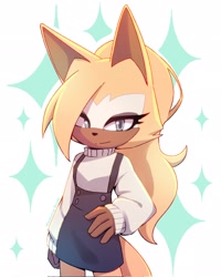 Size: 1638x2048 | Tagged: safe, artist:kazuna_endi, whisper the wolf, wolf, 2024, alternate outfit, clothes, dress, female, looking at viewer, smile, smiling at viewer, solo, sparkles, standing
