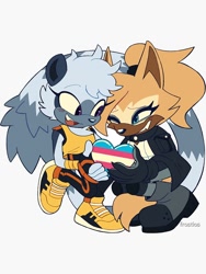 Size: 750x1000 | Tagged: safe, artist:frostiios, tangle the lemur, whisper the wolf, lemur, wolf, blushing, cute, duo, heart, holding something, lesbian, looking at each other, one eye closed, pride, shipping, simple background, smile, t4t, tangabetes, tangle x whisper, trans girl tangle, trans girl whisper, trans male, trans pride, transgender, whispabetes, white background
