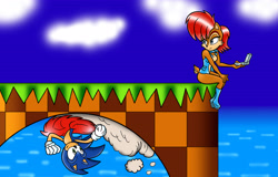 Size: 4433x2831 | Tagged: safe, artist:shanahat, nicole the handheld, sally acorn, sonic the hedgehog, chipmunk, hedgehog, green hill zone, 2026, clouds, daytime, duo, dust, female, holding something, looking at each other, loop, male, orange brown checkerboard, running, sally x sonic, sally's vest and boots, shipping, smile, smiling at each other, straight, water