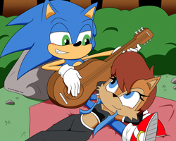 Size: 6000x4800 | Tagged: safe, artist:cadenreigns, sally acorn, sonic the hedgehog, chipmunk, hedgehog, 2026, alternate outfit, alternate universe, blushing, bush, duo, female, forest, grin, guitar, holding something, leaning, looking at viewer, lying down, lying on them, male, musical instrument, outdoors, rock, sally x sonic, sally's ringblader outfit, shipping, smile, smiling at each other, straight