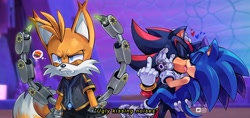 Size: 2048x966 | Tagged: safe, artist:l4zy_4le, miles "tails" prower, nine, shadow the hedgehog, sonic the hedgehog, fox, sonic prime, 2024, english text, gay, heart, holding each other, homophobia, jealously, kiss, male, middle finger, shadow x sonic, shipping, sonic prime s3, subtitles, text, the grim (sonic prime), trio