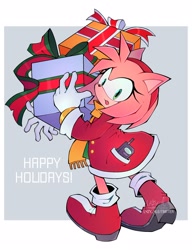 Size: 1572x2048 | Tagged: safe, artist:l4zy_4le, amy rose, hedgehog, 2022, amybetes, christmas, christmas outfit, coat, cute, english text, exclamation mark, female, holding something, looking at viewer, looking back, looking back at viewer, present, redraw, signature, smile, solo, standing, text, walkie talkie, watermark