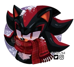 Size: 1047x945 | Tagged: safe, artist:l4zy_4le, shadow the hedgehog, hedgehog, 2023, alternate version, lidded eyes, looking offscreen, male, musk cloud, outline, scarf, snow, solo, winter, winter outfit