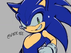 Size: 1600x1200 | Tagged: safe, artist:l4zy_4le, sonic the hedgehog, hedgehog, 2026, alternate version, clenched teeth, grey background, hand on hip, looking at viewer, male, simple background, smile, smiling at viewer, standing