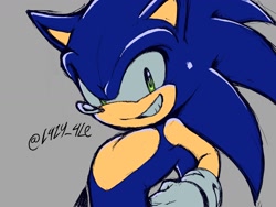 Size: 1600x1200 | Tagged: safe, artist:l4zy_4le, sonic the hedgehog, hedgehog, 2026, clenched teeth, grey background, hand on hip, looking at viewer, male, simple background, smile, smiling at viewer, standing