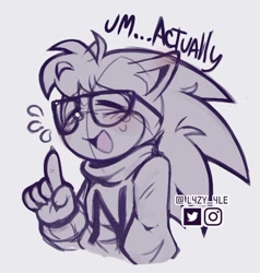 Size: 570x599 | Tagged: safe, artist:l4zy_4le, nicky, hedgehog, 2025, blushing, blushing ears, claws, clothes, dialogue, english text, erm actually, eyes closed, glasses, grey background, male, meme, monochrome, mouth open, open smile, pointing, simple background, smile, solo, sweatdrop, sweater, talking, text