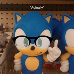 Size: 720x720 | Tagged: safe, editor:prettyask5715, sonic the hedgehog, 2024, caption, edit, erm actually, glasses, irl, meme, smile, wagging finger