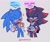 Size: 1835x1553 | Tagged: safe, artist:tinyratlet, shadow the hedgehog, sonic the hedgehog, hedgehog, 2023, dialogue, duo, ear fluff, erm actually, eyes closed, flat colors, glasses, grey background, hand on hip, lidded eyes, looking at them, male, meme, one fang, simple background, sparkle, standing, text, wagging finger