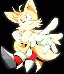 Size: 1777x2048 | Tagged: safe, artist:jam06art, miles "tails" prower, super tails, fox, 2026, alternate super form, black background, clenched fist, clenched teeth, flying, kitsune, looking offscreen, male, mid-air, simple background, smile, solo, super form, treads