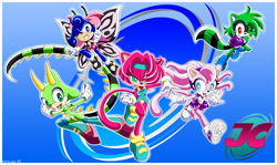 Size: 1000x596 | Tagged: safe, artist:captricosakara, oc, oc:crystal the cat, oc:emerald the iguana, oc:jade the cat, oc:ruby the racoon, oc:sapphire the butterfly, cat, lizard, raccoon, 2005, border, butterfly, fan team, female, females only, group, iguana, looking at viewer, ninja star, outline, treads, v sign, wink