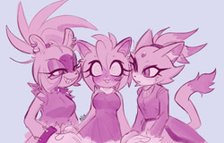 Size: 1267x810 | Tagged: safe, artist:tr1shuu, amy rose, blaze the cat, surge the tenrec, cat, hedgehog, tenrec, 2026, amy rose gets all the girls, amy x blaze, amy x blaze x surge, female, grey background, lesbian, monochrome, pink, polyamory, shipping, simple background, smile, surgamy, swirl, swirly eyes, trio