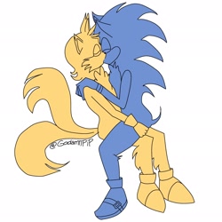 Size: 2048x2048 | Tagged: safe, artist:godamnpip, miles "tails" prower, sonic the hedgehog, fox, hedgehog, 2026, aged up, duo, eyes closed, flat colors, gay, grey background, hugging, kiss, kiss on lips, leg fluff, male, monochrome, older, shipping, signature, simple background, sitting, sonic x tails